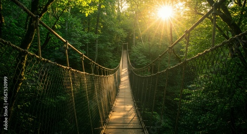 Fototapeta Naklejka Na Ścianę i Meble -  Sunlit rope bridge crosses lush green forest canopy.  Adventure awaits on this rustic pathway