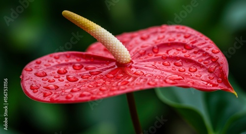A vibrant red heart-shaped flower, glistening with water droplets, stands out against a blurred green backdrop