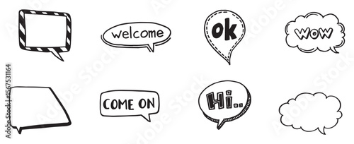 Speech Bubbles Short Phrases, Welcome, Message, Thank You, Bye, Love you ,Like, Wow, Bye Bye, Hi, Nope, Hello, Nice, Yes in black color, vector illustration