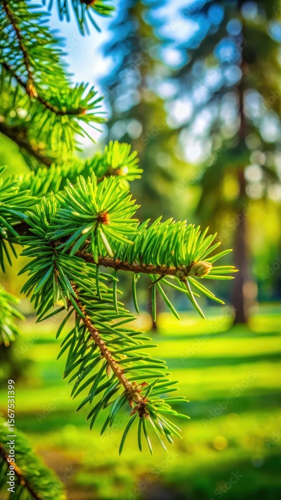 Fototapeta premium Close-up of green needles on a branch in a serene park setting