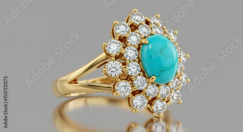 Golden ring with turquoise and diamonds.  A radiant, floral-patterned ring, showcasing a central turquoise gemstone, surrounded by a cluster of diamonds