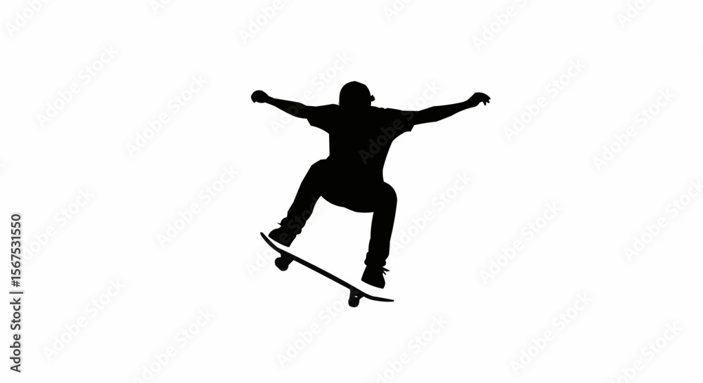 Skateboarder Performing Kickflip Trick Silhouette on White Background, Extreme Sports Action Vector Illustration
Skateboarder Performing Kickflip Trick Silhouette on White Background, Extreme Sports Action Vector Illustration