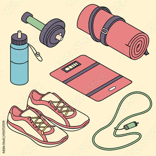 Isometric view of fitness equipment including a mat shoes water bottle and jump rope laid out flat