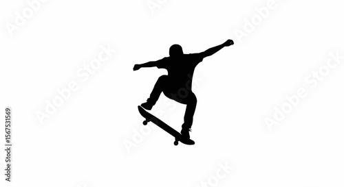 Skateboarder Performing Kickflip Trick Silhouette on White Background, Extreme Sports Action Vector Illustration

