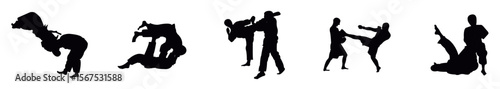 Judo poses are set against a white backdrop, showcasing various actions and stances in martial arts, including Jiu jitsu and sports, martial art karate silhouettes collection vector illustration