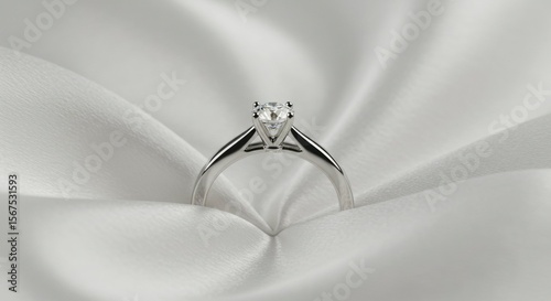 Solitaire diamond ring elegantly nestled on smooth white satin fabric.  Classic design