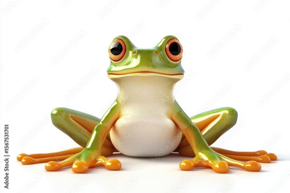 Obraz premium Frog sitting with legs tucked 3d cartoon character on white background