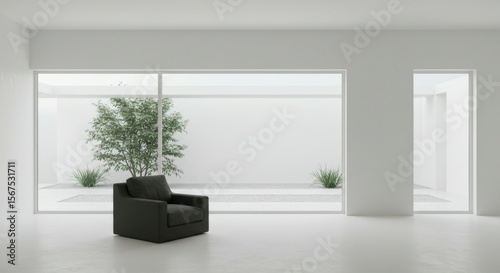 Minimalist living room features a single dark armchair against a backdrop of a serene courtyard scene