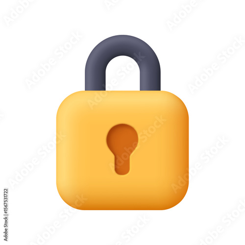 Yellow padlock with a black curved shackle and a keyhole. Security, safety, encryption, protection and privacy concept. 3d vector icon. Cartoon minimal style.