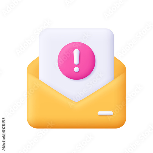Yellow envelope with document file and exclamation mark. Message, alert, warning, notification, post mail, email concept. 3d vector icon. Cartoon minimal style.