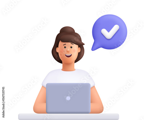 Young smiling woman Jane working on a laptop with a speech bubble and check mark. Productivity, success, approval, or task and feedback concept. 3d vector people character. Cartoon minimal style.