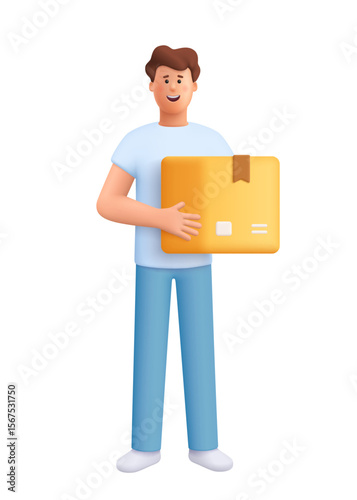 Young smiling man James holding cardboard parcel or package box. Delivery, shipping, logistics and shopping concept. 3d vector people character. Cartoon minimal style.