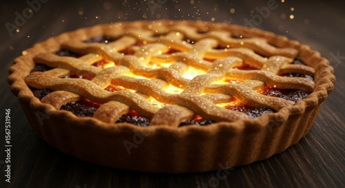 A golden, glowing fruit pie on a dark wooden surface