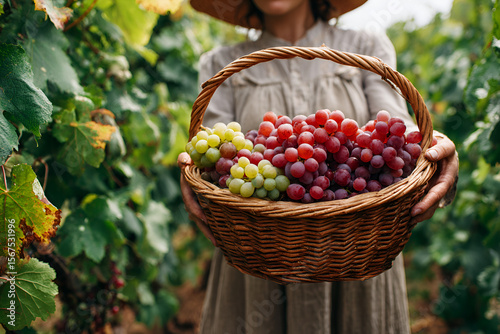 Harvesting Fresh Grapes Woman Holding Basket Filled with Red and Green Grapes