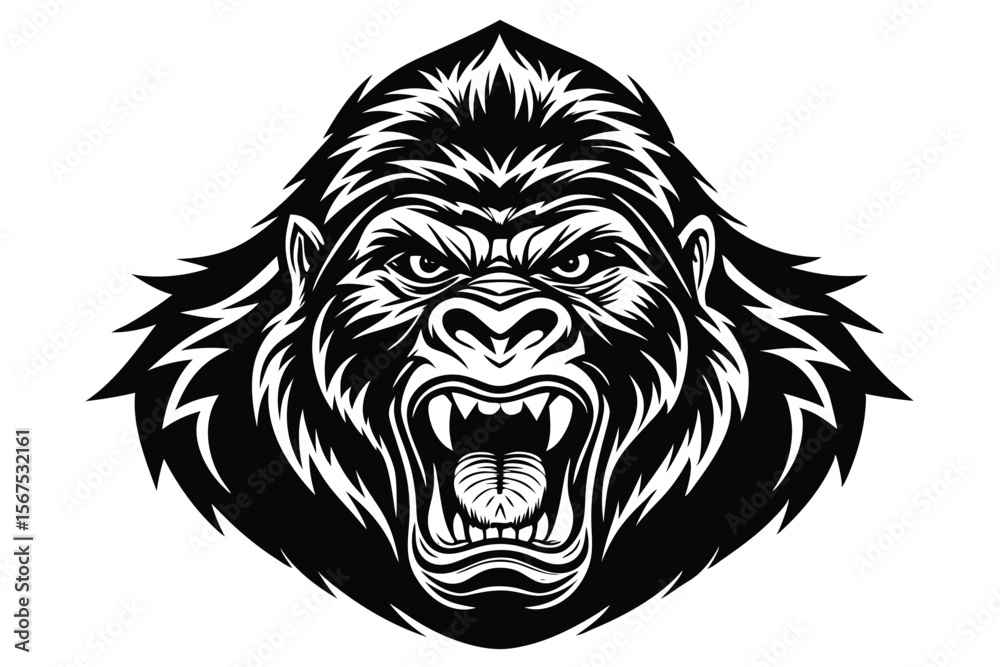 Fototapeta premium Ferocious gorilla bares its teeth in an intimidating monochrome portrait, poised for a fierce roar