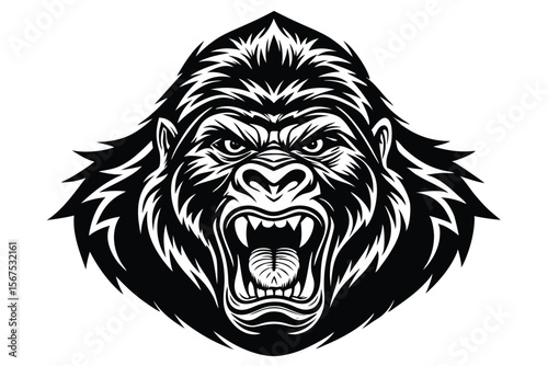 Ferocious gorilla bares its teeth in an intimidating monochrome portrait, poised for a fierce roar
