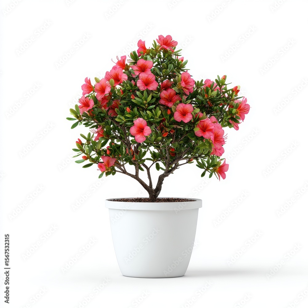 Pink Azalea in White Pot Against White Background Pink Azalea in White Pot Against White Background