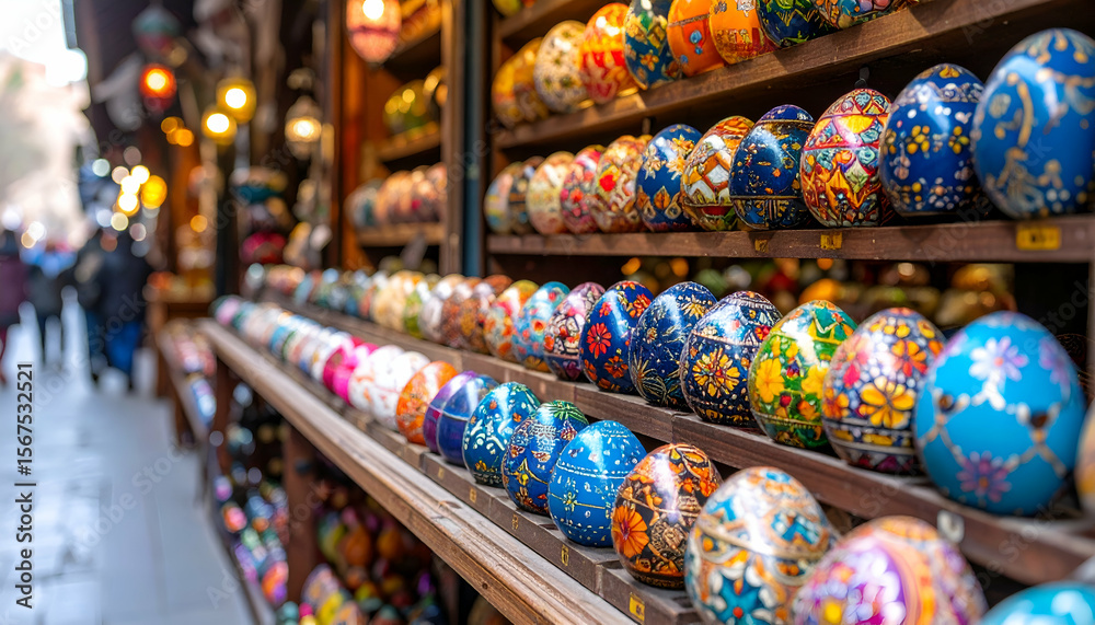 Fototapeta premium Painted eggs market stall display.