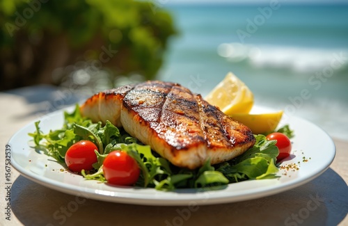 Grilled fish fillet served with fresh salad greens, cherry tomatoes, lemon wedges. Delicious seafood dish offers healthy, protein-rich meal. Perfect for summer dining beachside restaurants,