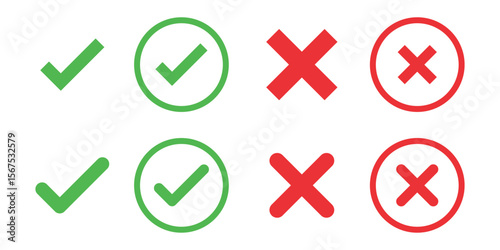 Grid with green check marks and red crosses. Symbols for correct and incorrect. Check marks and crosses on a white grid. Red and green symbols for right and wrong.