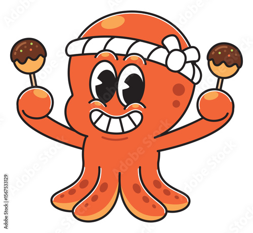 Happy Takoyaki Octopus Holding Skewers Cartoon