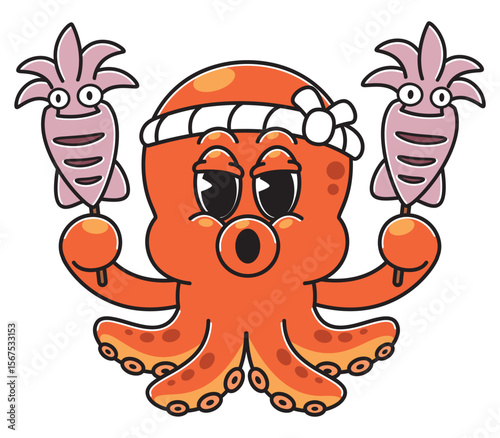 Takoyaki Octopus Mascot Holding Grilled Squid Skewers