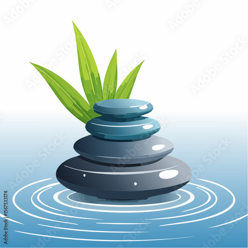 Stack of zen stones with green plant, water in spa. Wellness concept