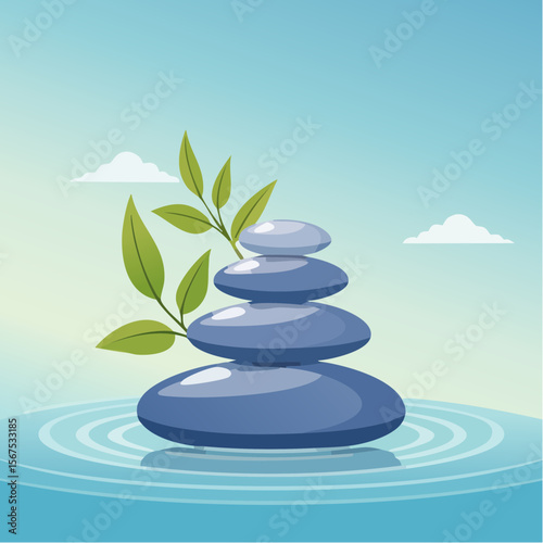 Stack of zen stones with green plant, water in spa. Wellness concept