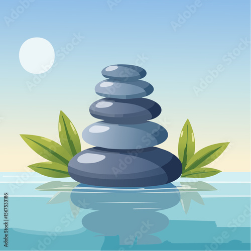 Stack of zen stones with green plant, water in spa. Wellness concept