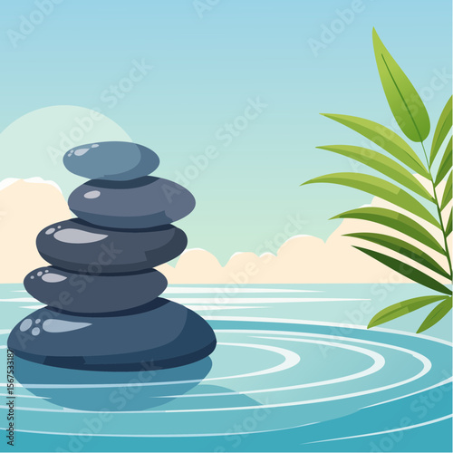 Stack of zen stones with green plant, water in spa. Wellness concept