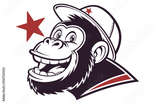 Smiling monkey cartoon character with star on its hat shows its teeth happily