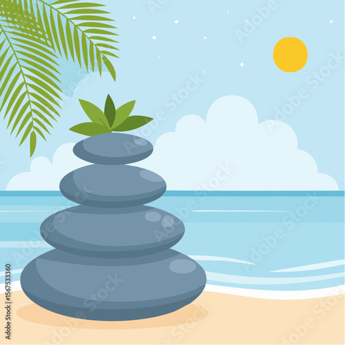 Stack of zen stones with green plant, water in spa. Wellness concept