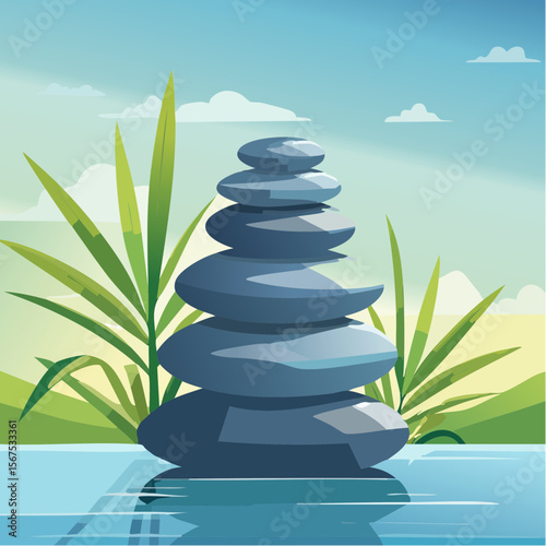 Stack of zen stones with green plant, water in spa. Wellness concept