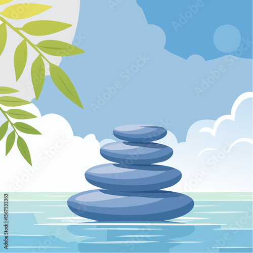 Stack of zen stones with green plant, water in spa. Wellness concept