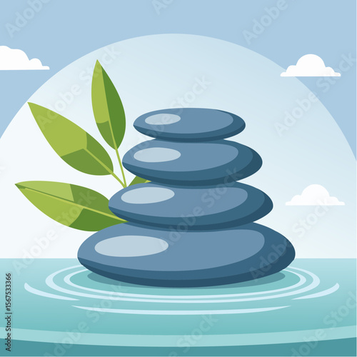 Stack of zen stones with green plant, water in spa. Wellness concept