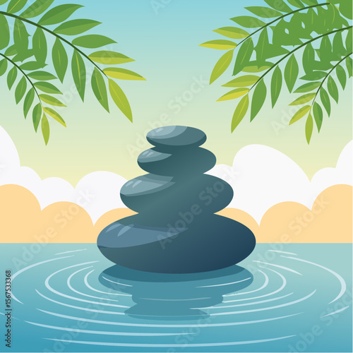 Stack of zen stones with green plant, water in spa. Wellness concept