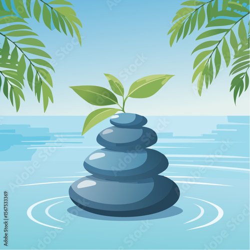 Stack of zen stones with green plant, water in spa. Wellness concept