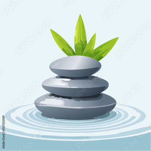 Stack of zen stones with green plant, water in spa. Wellness concept