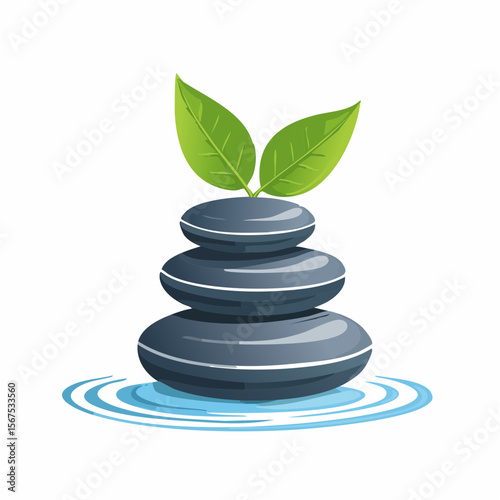 Stack of zen stones with green plant, water in spa. Wellness concept