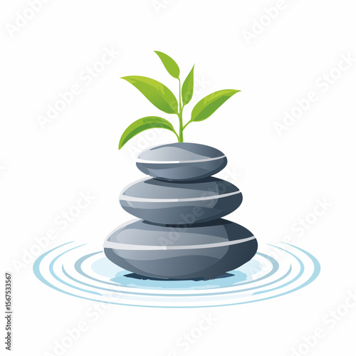 Stack of zen stones with green plant, water in spa. Wellness concept