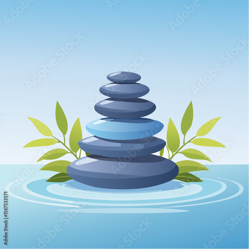 Stack of zen stones with green plant, water in spa. Wellness concept