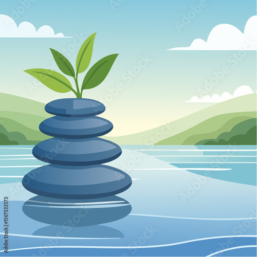 Stack of zen stones with green plant, water in spa. Wellness concept