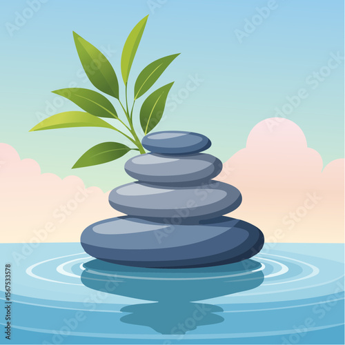 Stack of zen stones with green plant, water in spa. Wellness concept
