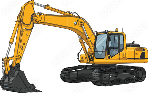 Yellow Excavator Front View with Bucket Arm Raised, Heavy Construction Machinery Illustration, Industrial Equipment Artwork, Engineering Vehicle Design, Vector Drawing