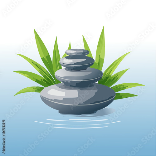 Stack of zen stones with green plant, water in spa. Wellness concept