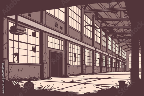 Vector art of an abandoned factory interior with broken windows