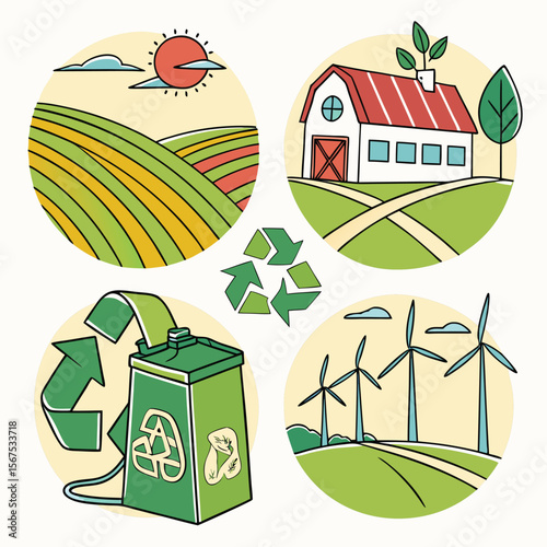 Illustration of farm fields, barn, recycle bin, wind turbines representing sustainable and green energy