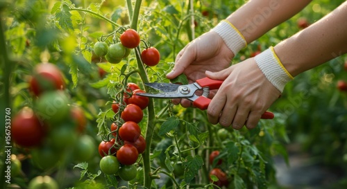 Hands harvesting ripe tomatoes from a vine