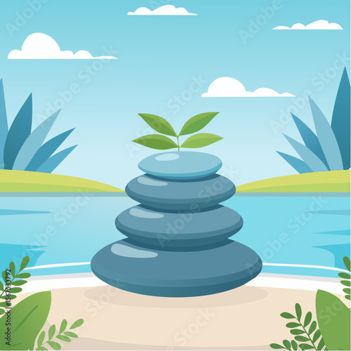 Stack of zen stones with green plant, water in spa. Wellness concept