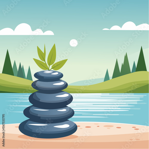 Stack of zen stones with green plant, water in spa. Wellness concept